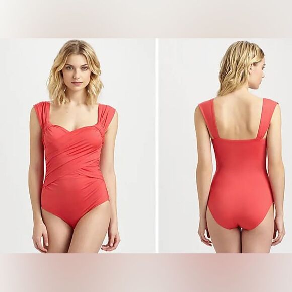 Badgley Mischka One Piece Wide Strap Swimsuit Red Ruched Sweetheart Crossover 8 - Picture 1 of 14